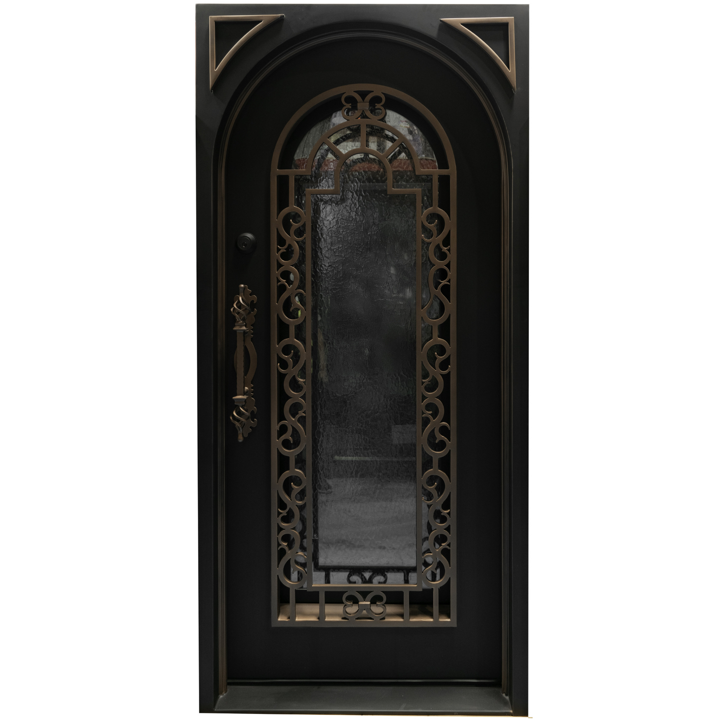 Decorative black iron door with intricate metalwork