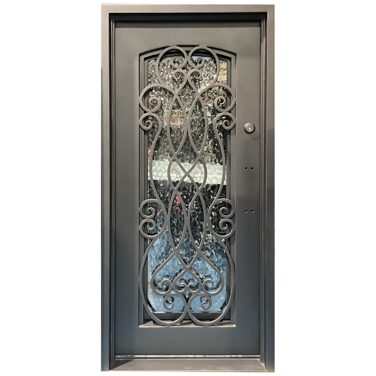 Decorative iron door with glass panels