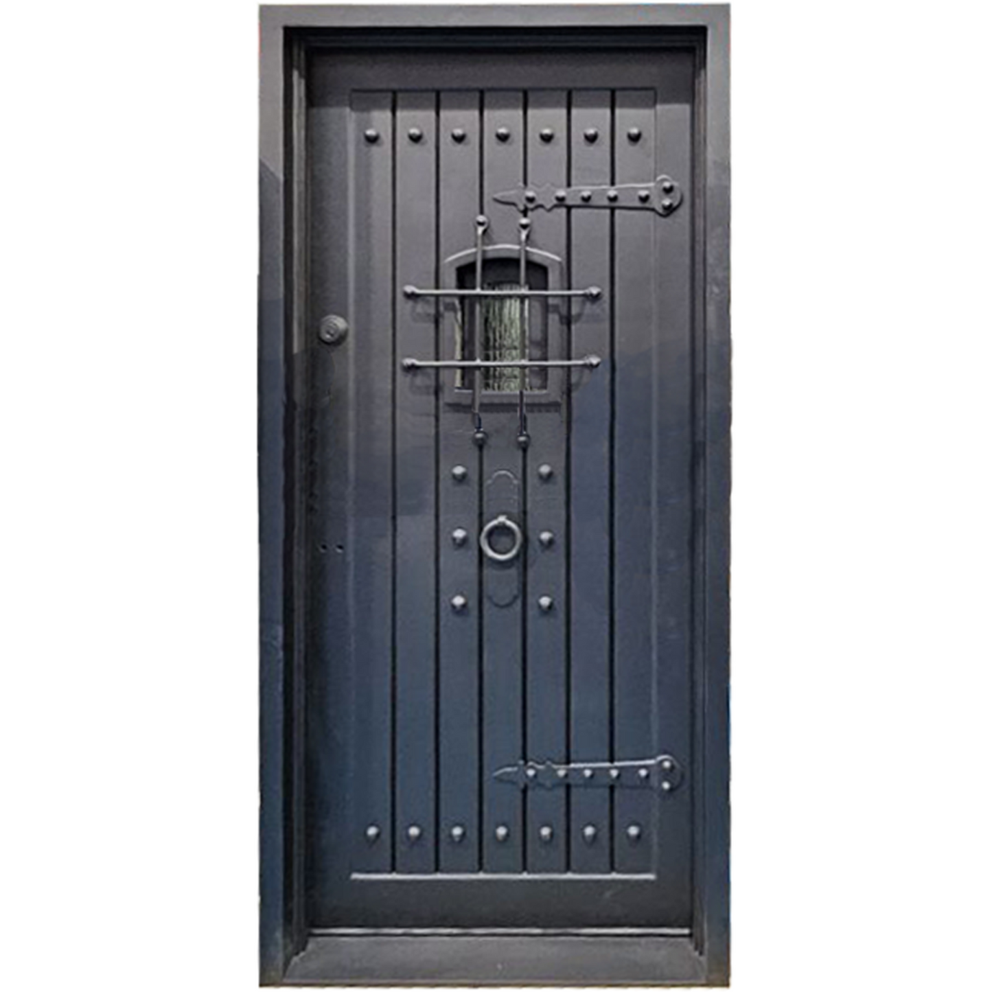 Black iron door with decorative patterns