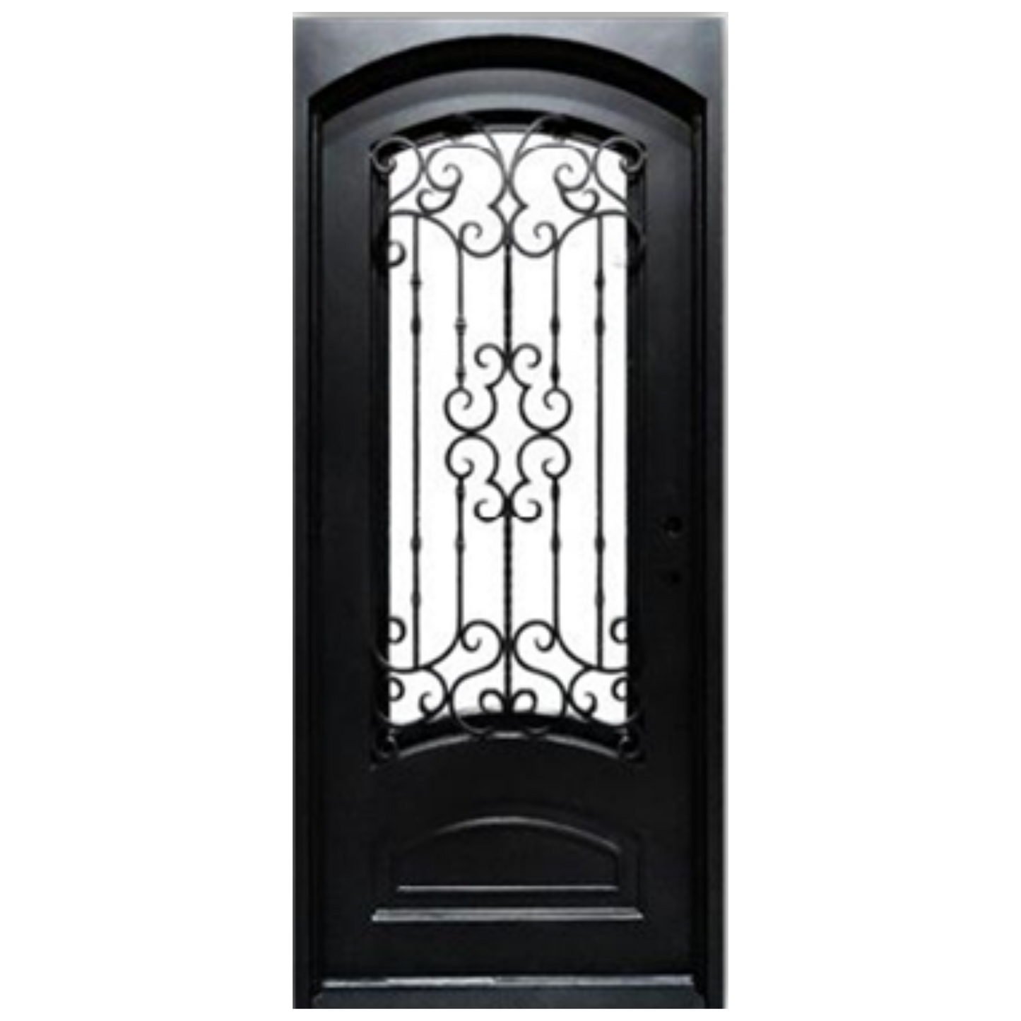Black door with decorative iron grille