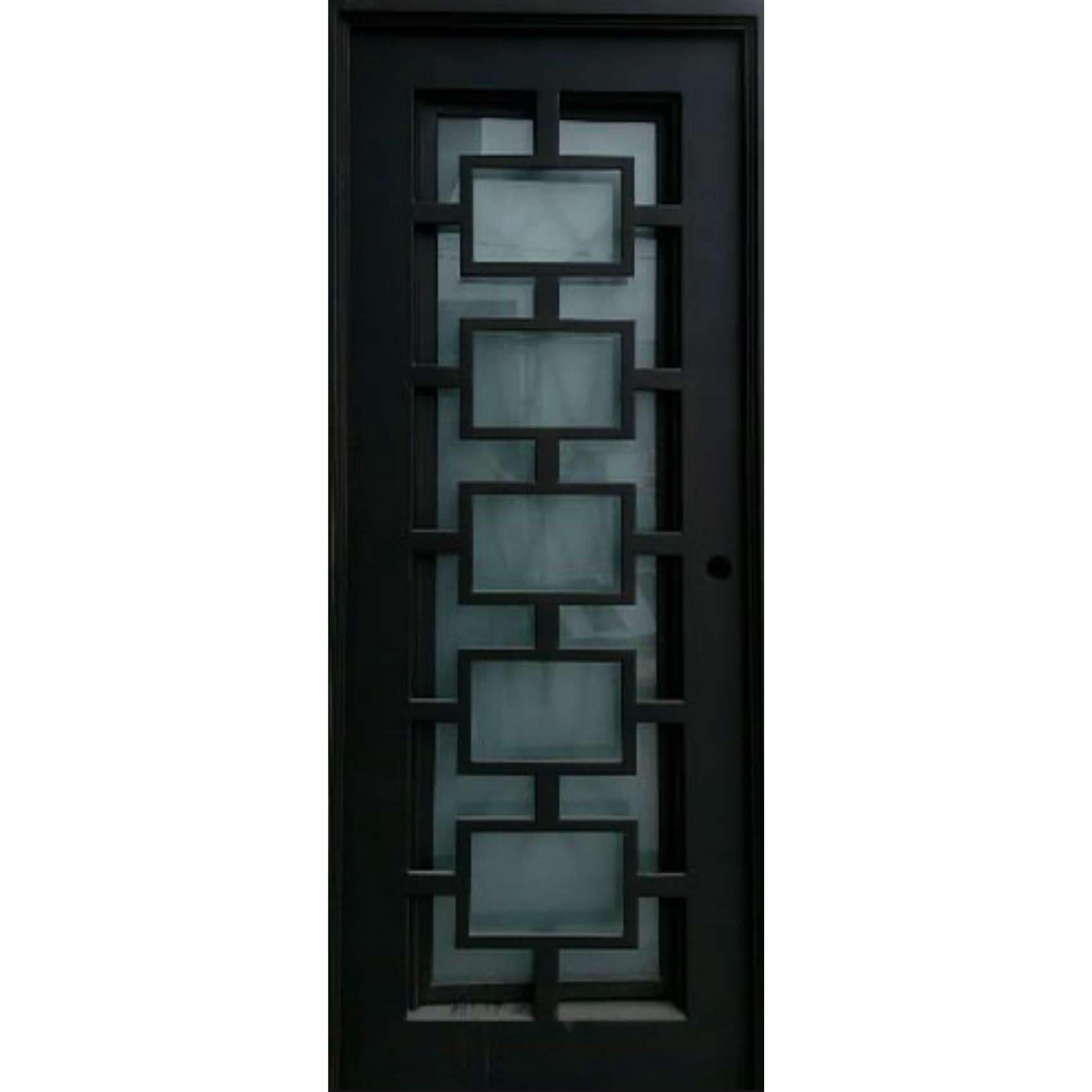 Black iron door with geometric glass pattern