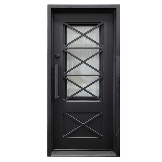 Black metal door with decorative glass panel