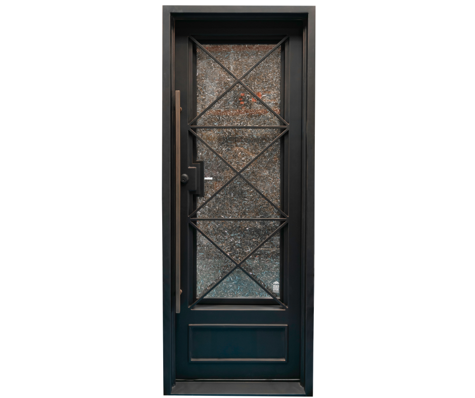 Black metal door with decorative glass panel