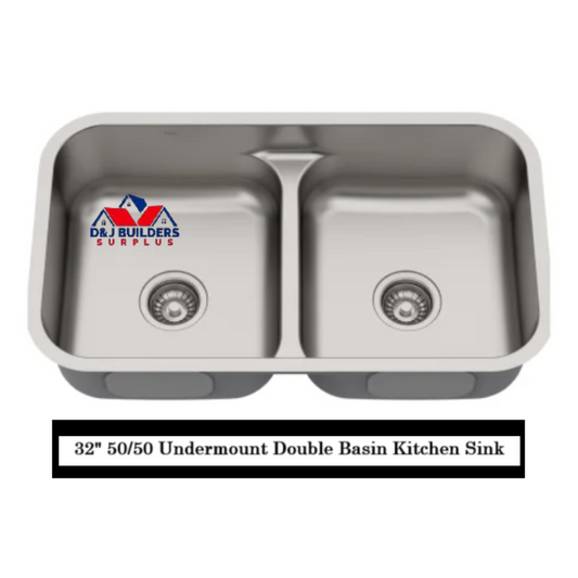 Stainless steel undermount double basin kitchen sink with D&J Builders Surplus.