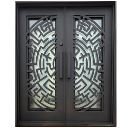 Decorative Black double iron door with intricate maze pattern