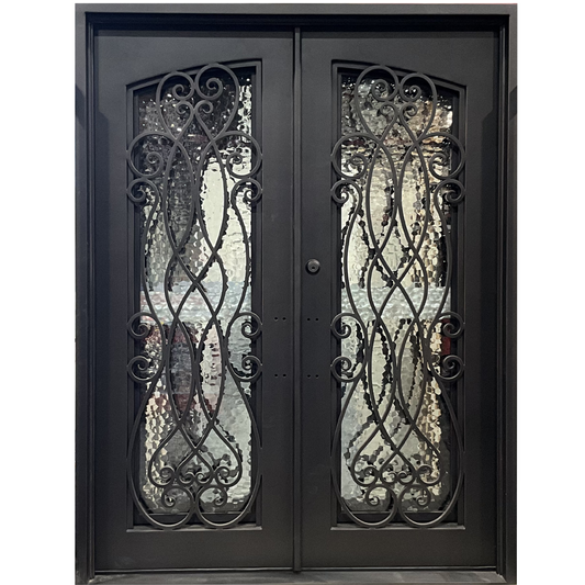 Decorative black iron double door with glass panels