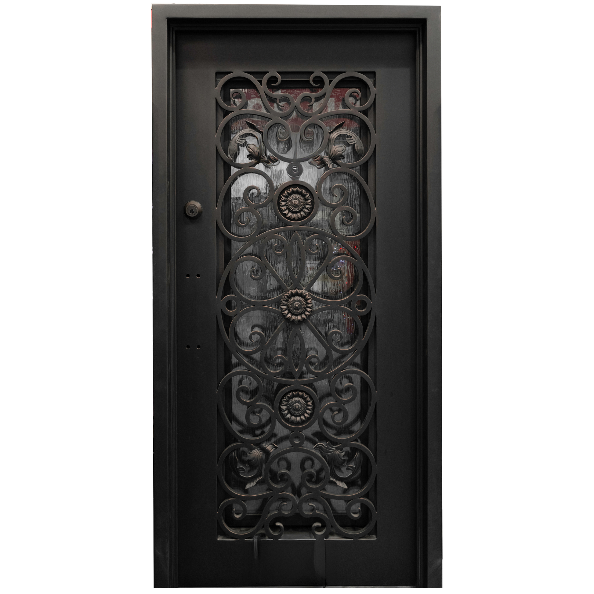 Decorative black wrought iron door with intricate patterns