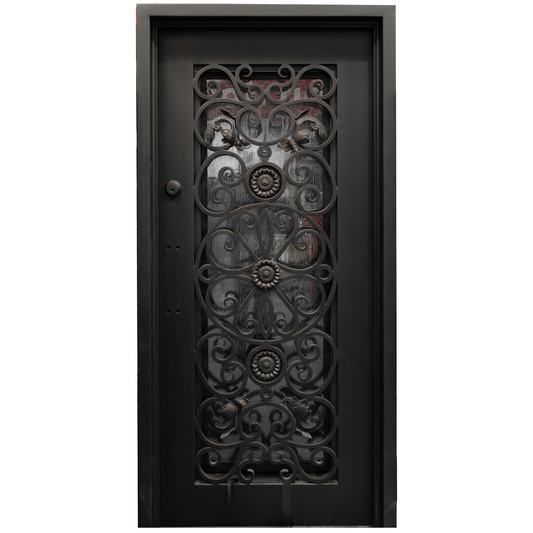 Decorative black wrought iron door with intricate patterns