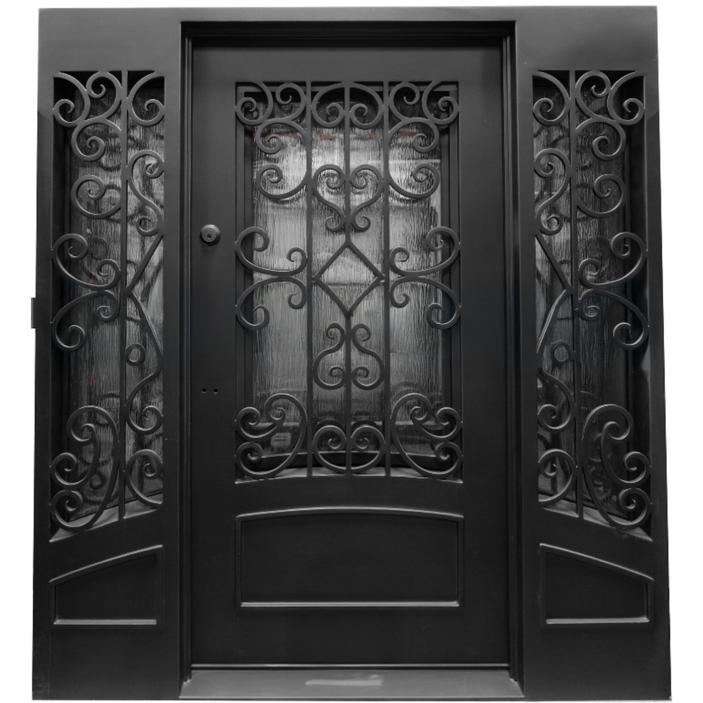Decorative black wrought iron door with intricate patterns