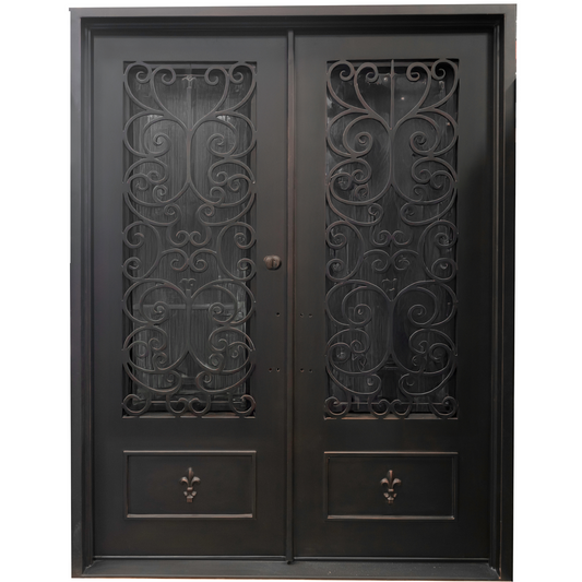 Decorative black wrought iron double door with intricate patterns