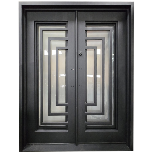 Decorative black iron double door with geometric glass patterns