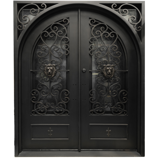 Decorative black iron double door with lion head designs