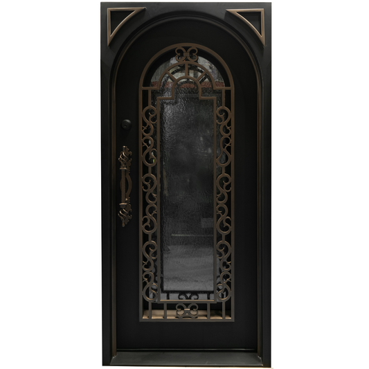 Decorative black iron door with intricate metalwork