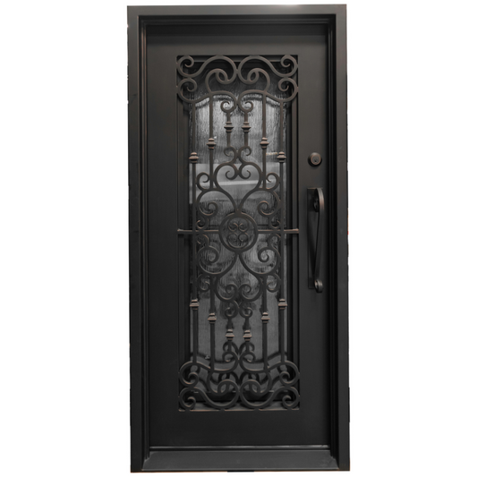 Black wrought iron door with decorative patterns