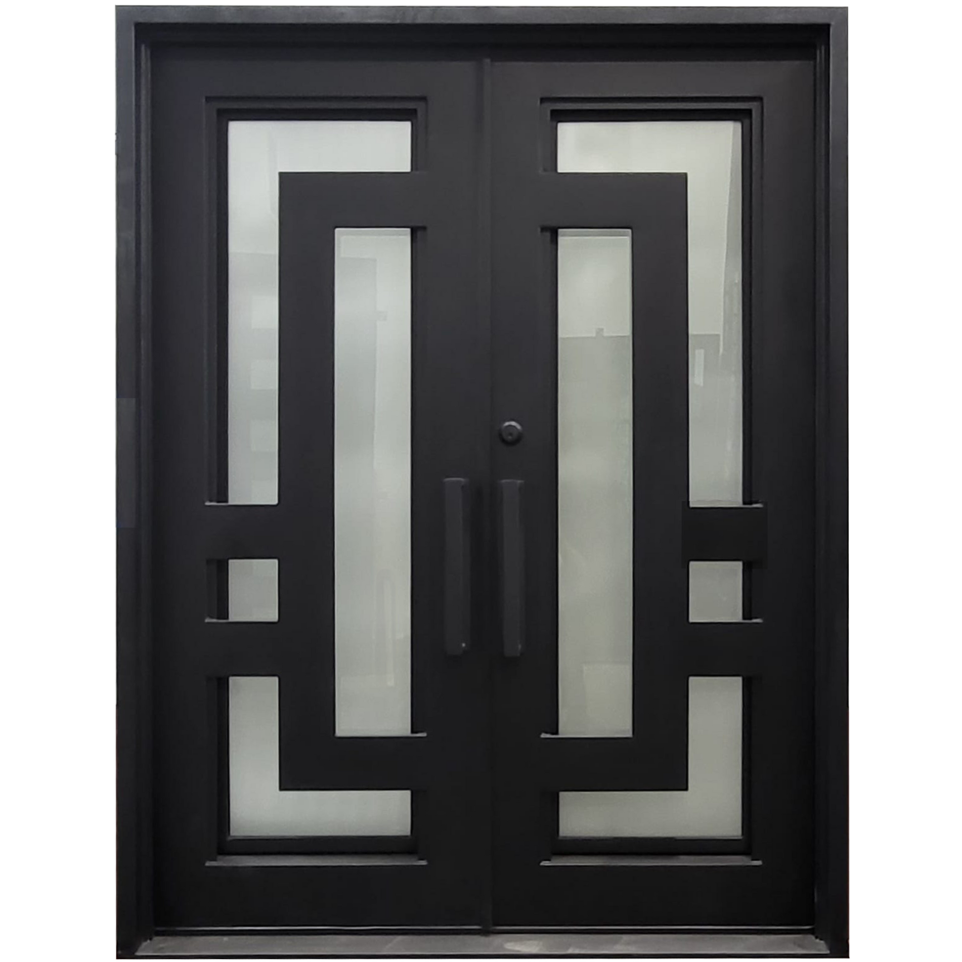 Black double door with geometric glass design on a white background