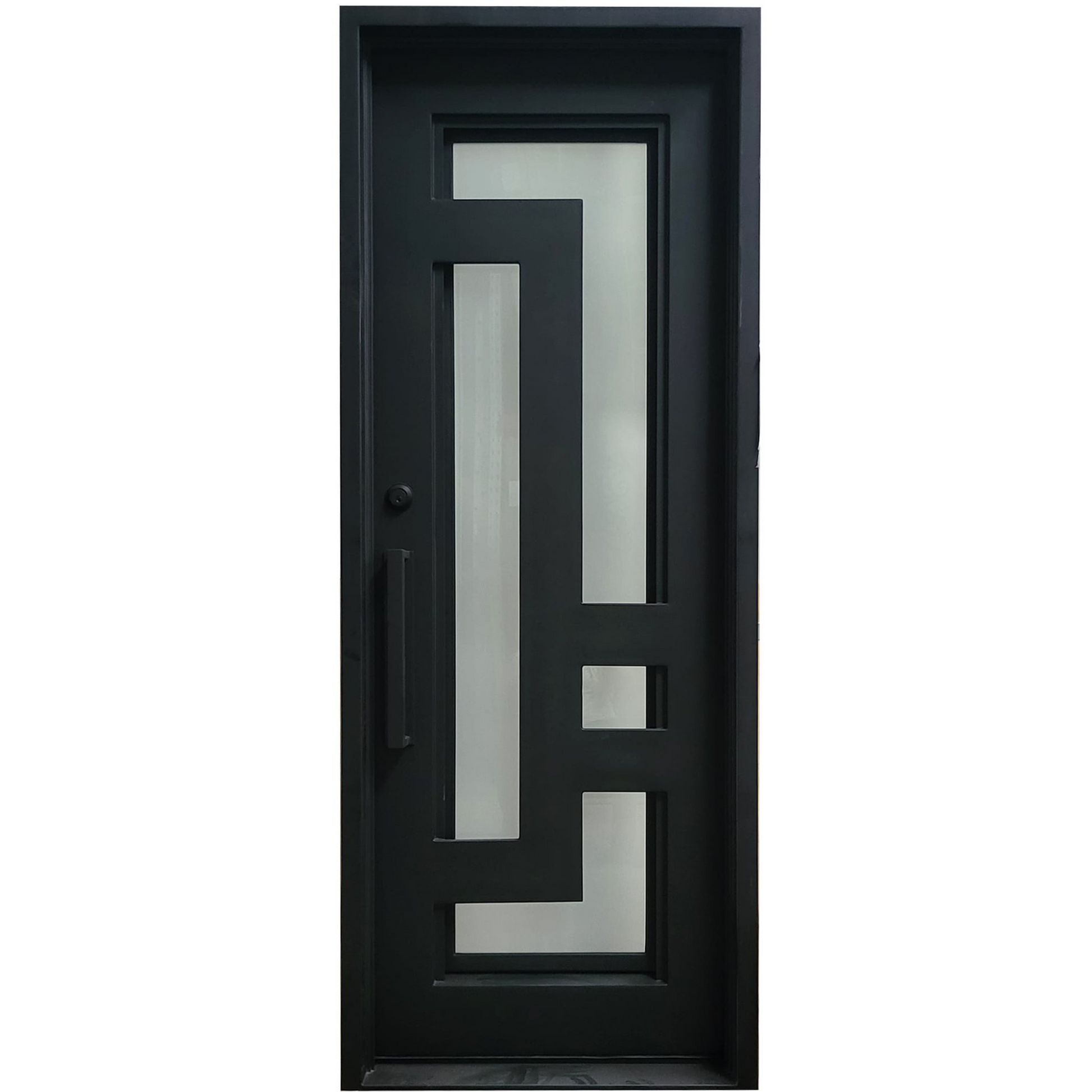 Black metal door with geometric glass design