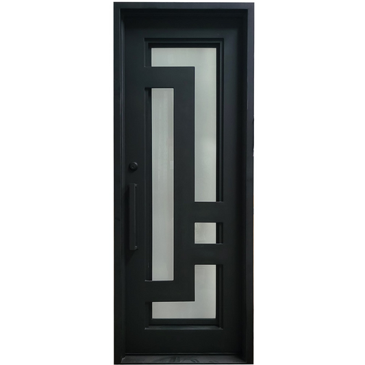 Black metal door with geometric glass design