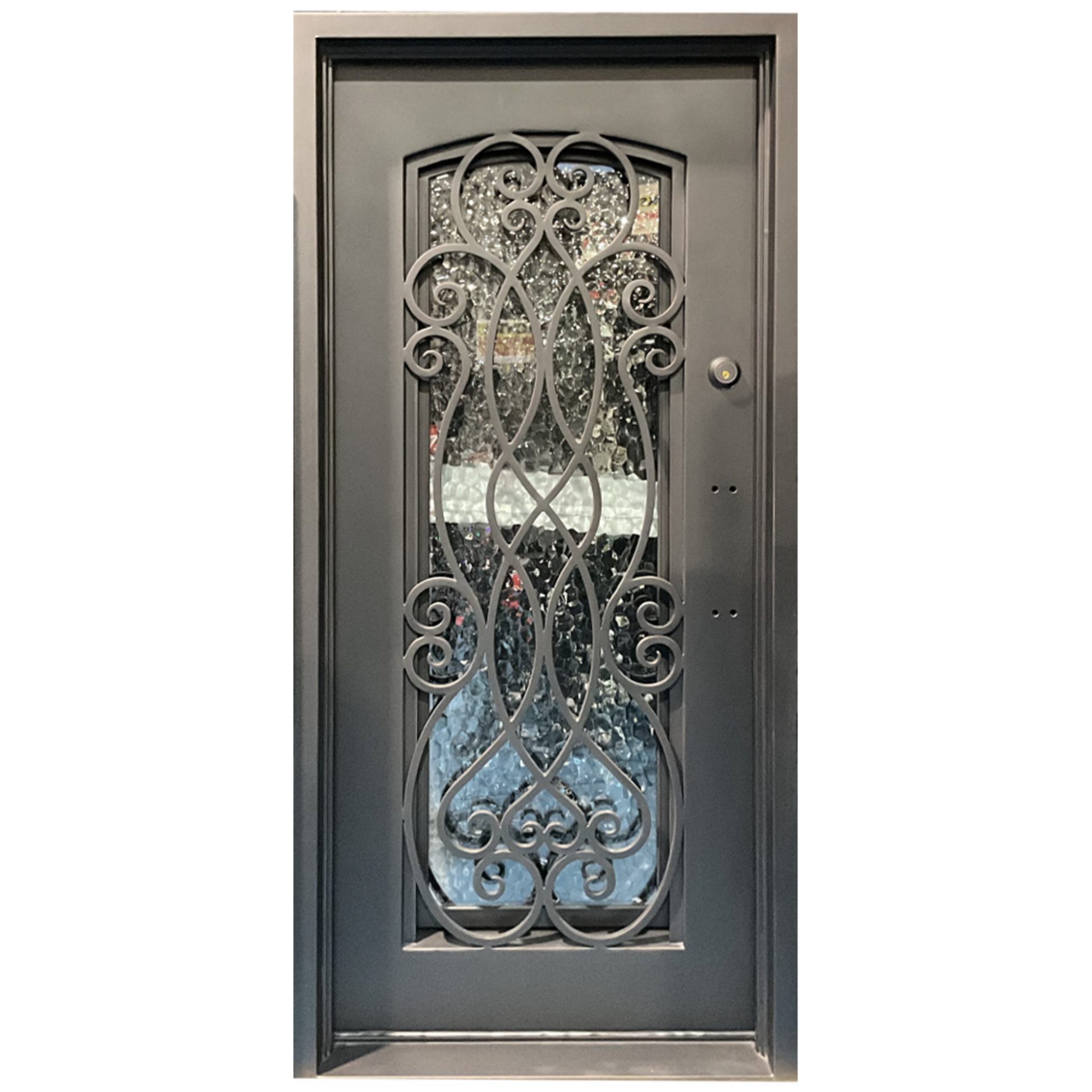 Decorative iron door with glass panels 