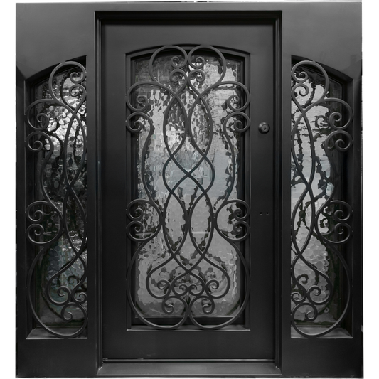 Decorative wrought iron door with intricate patterns and glass