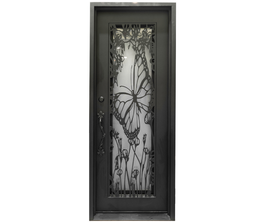 Decorative door with butterfly design and glass panel