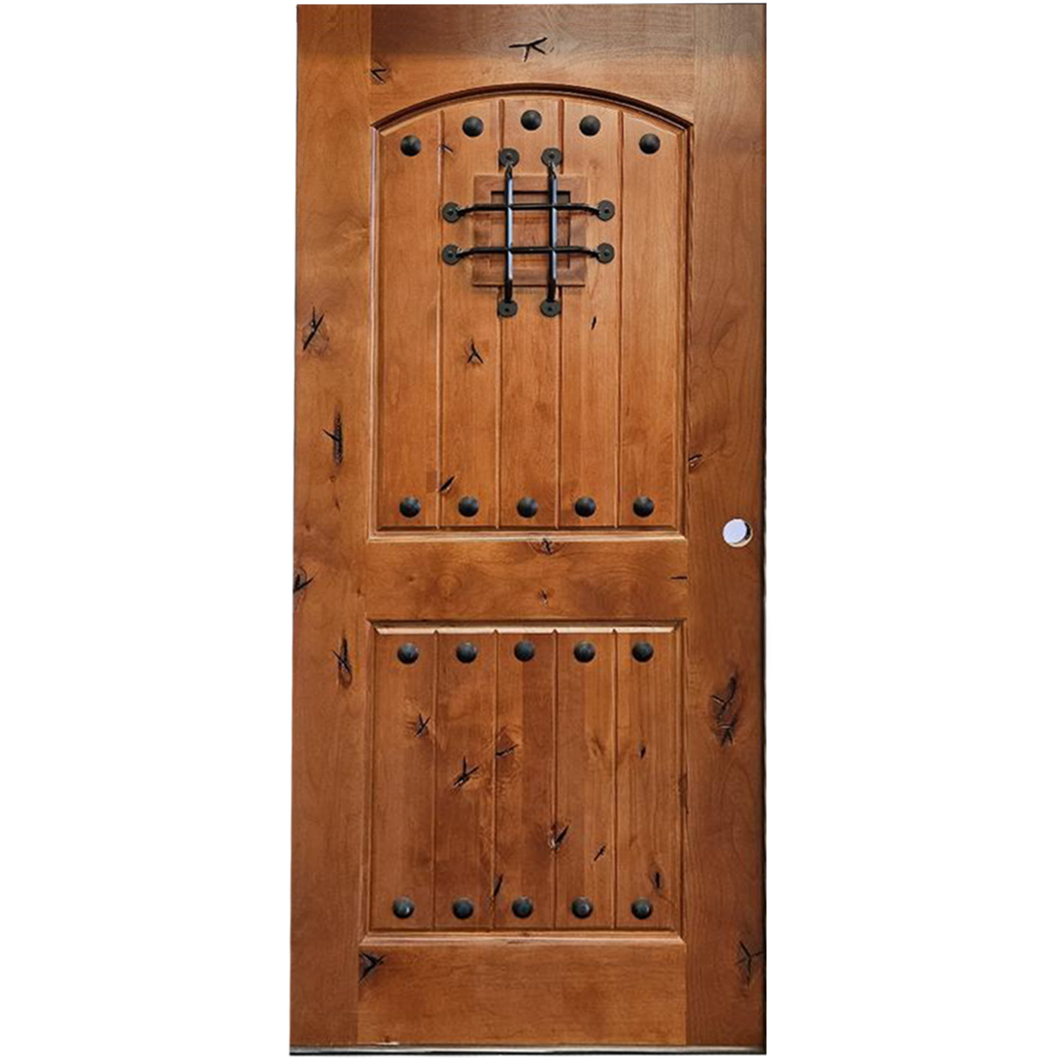 Wooden door with decorative ironwork