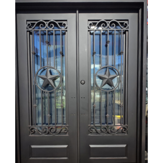Double iron door with decorative metal grills and star designs