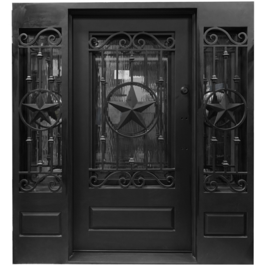 Black wrought iron door with decorative star design