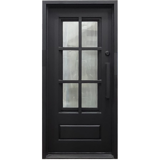Black iron door with glass panels