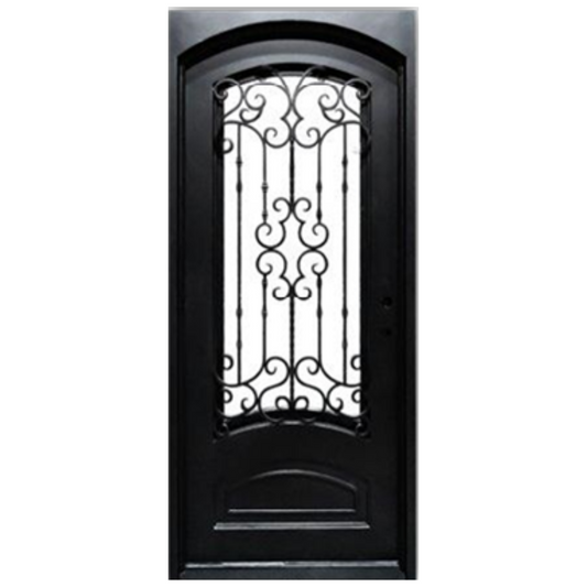 Black door with decorative iron grille