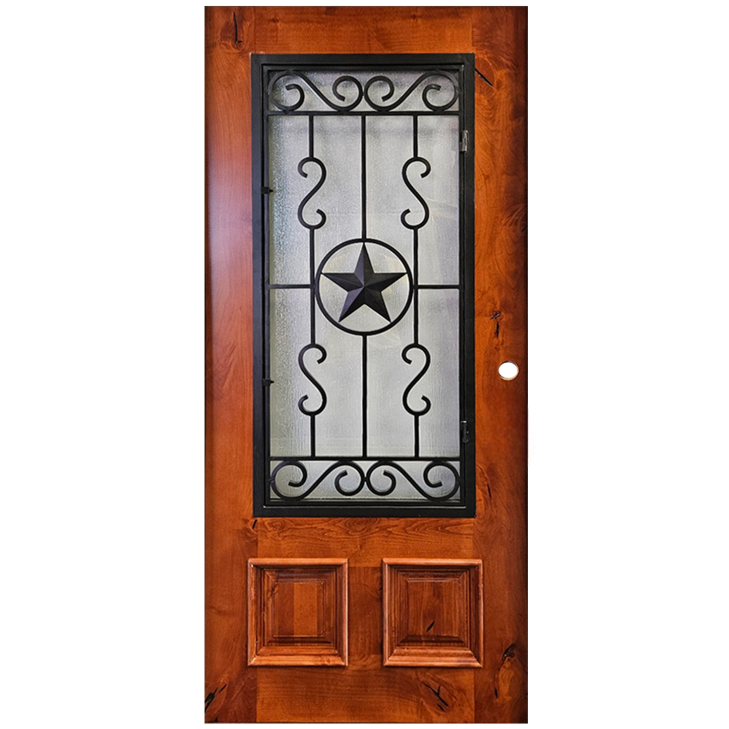 Wooden door with decorative glass panel featuring a star design