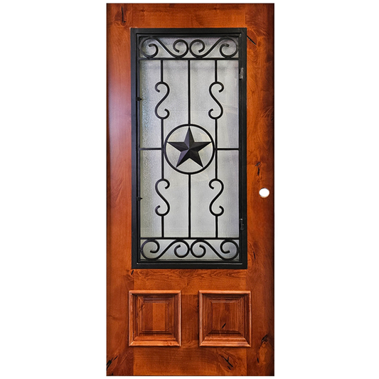 Wooden door with decorative glass panel featuring a star design