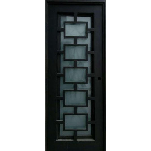 Black iron door with geometric glass pattern